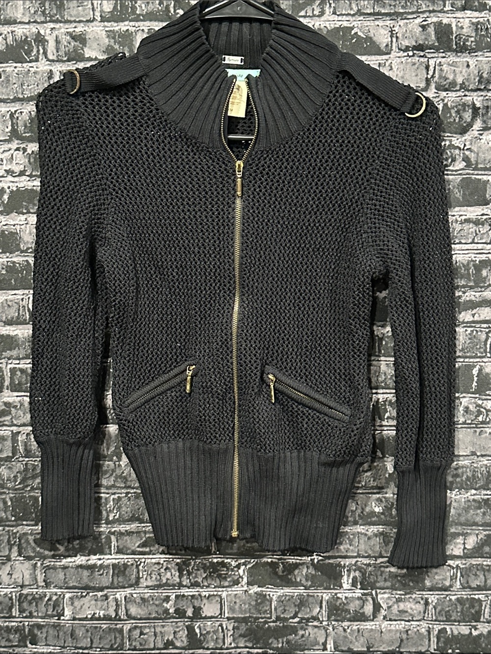 Marciano Black Knit Zip-Up Cardigan Sweater with Gold Hardware